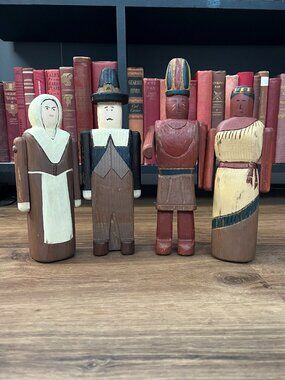 Wolf Creek Hand Carved Thanksgiving Pilgrims & Indians Native American Folk Art